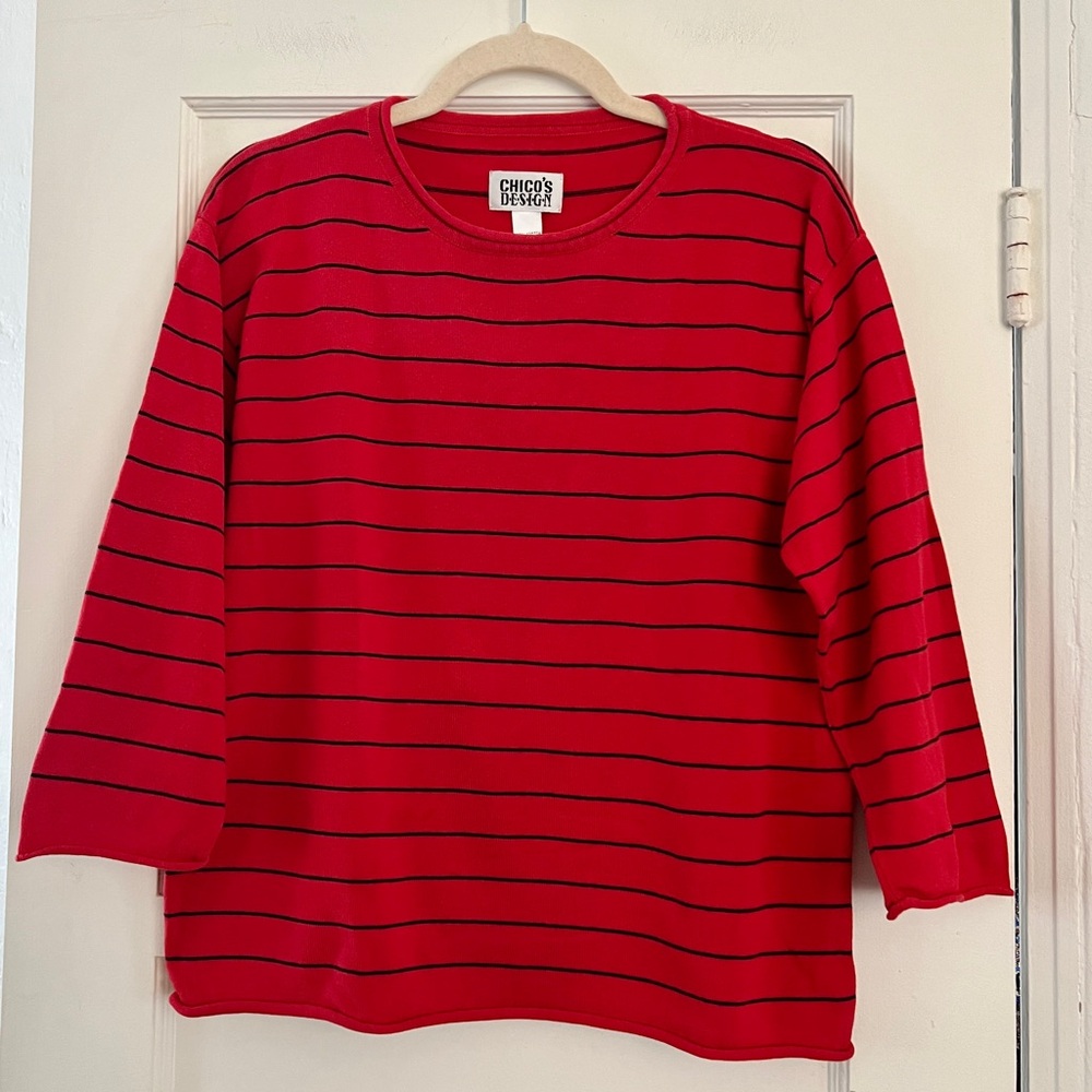 Vintage women's red black stripe cotton knit roll neck top tee boxy nautical S